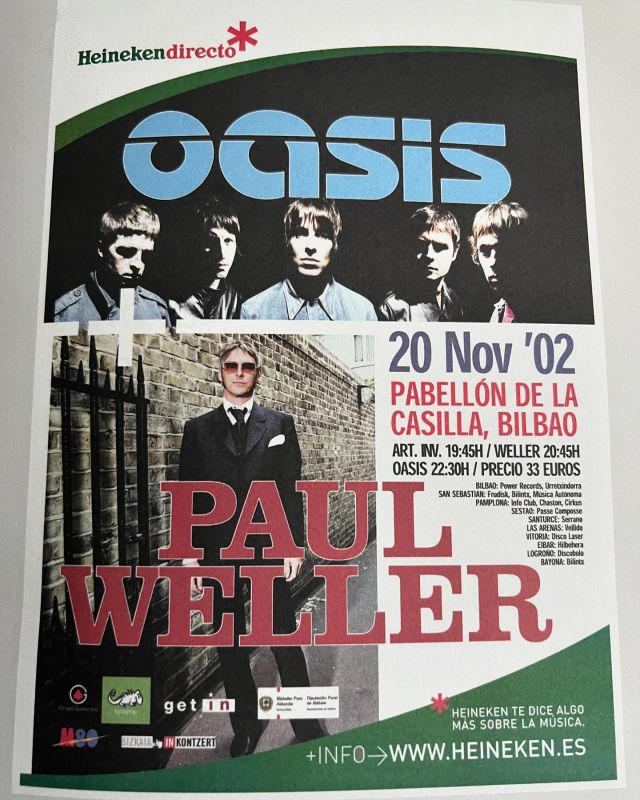 Ahora que la noticia de la reunión de OASIS está volviendo loco al planeta. Rememoramos y buscamos entre nuestros carteles el mítico concierto de 
Oasis + Paul Weller en Bilbao. 
Afortunados los que vivimos aquel conciertazo en el pabellón de la Casilla 
20 nov de 2002.
Curiosamente no llenaron.
El precio: 33euros. 
#BackstageGetIn #OASIS #Hello @oasis