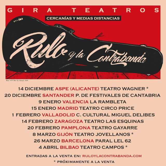 ¡Gran noticia! 🎉 Se suman 8 nuevas citas a la gira de teatros de @ruloylacontrabanda. A partir de mañana a las 12:00h, ¡las entradas estarán disponibles en ruloylacontrabanda.com! Recuerda que las fechas con * (Aspe, Gijón y Bilbao) se podrán comprar muy pronto. ¡No te lo pierdas!